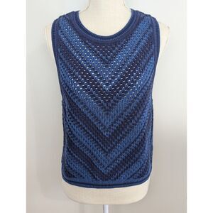 Gap Womens Sweater Vest Tank Large Petite Blue Chevron Crochet 100% Cotton NWOT